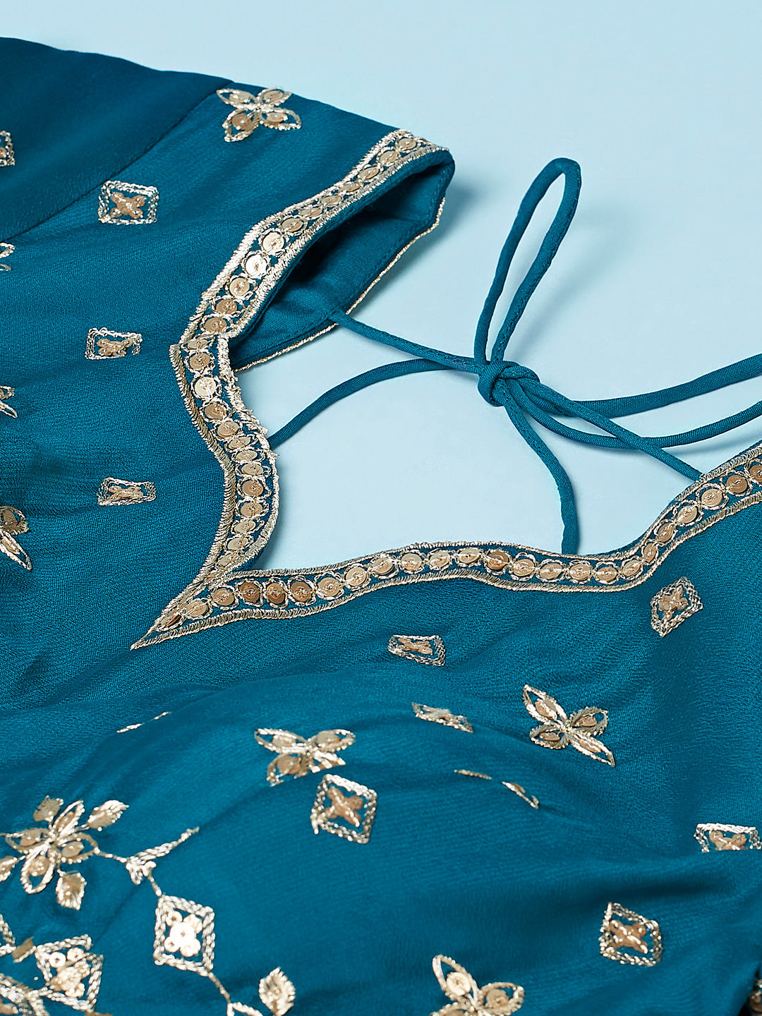 Teal - Pure Georgette Embroidered Semi-Stitched Lehenga ClothsVilla