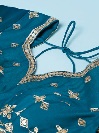 Teal - Pure Georgette Embroidered Semi-Stitched Lehenga ClothsVilla
