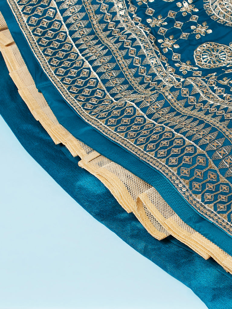 Teal - Pure Georgette Embroidered Semi-Stitched Lehenga ClothsVilla