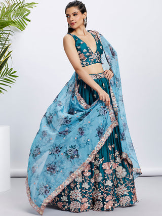 Teal Pure Georgette Sequins and thread embroidery Semi-Stitched Lehenga choli & Dupatta ClothsVilla