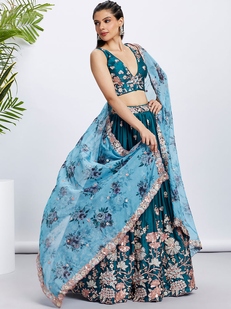 Teal Pure Georgette Sequins and thread embroidery Semi-Stitched Lehenga choli & Dupatta ClothsVilla
