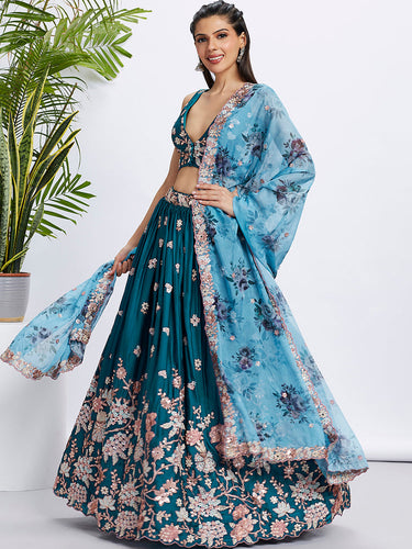 Teal Pure Georgette Sequins and thread embroidery Semi-Stitched Lehenga choli & Dupatta ClothsVilla