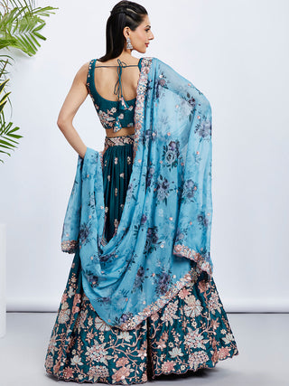Teal Pure Georgette Sequins and thread embroidery Semi-Stitched Lehenga choli & Dupatta ClothsVilla