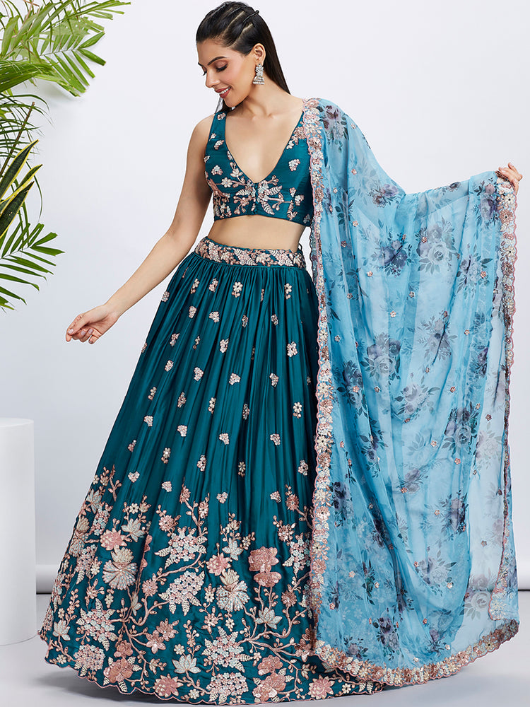Teal Pure Georgette Sequins and thread embroidery Semi-Stitched Lehenga choli & Dupatta ClothsVilla