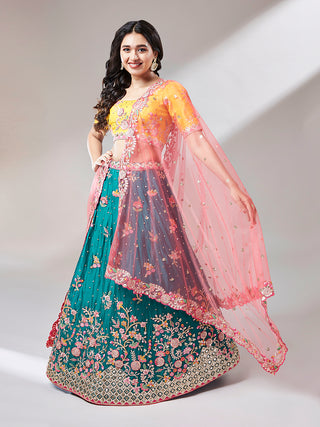 Teal Pure Georgette Sequinse Work Semi-Stitched Lehenga & Unstitched Blouse with Dupatta Clothsvilla