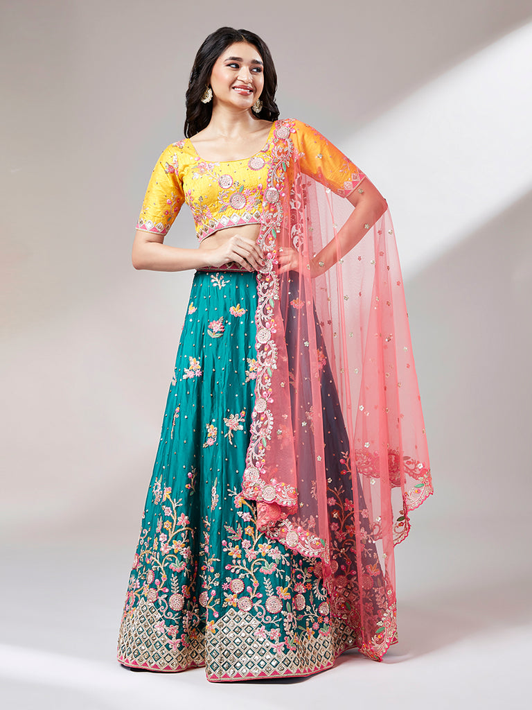 Teal Pure Georgette Sequinse Work Semi-Stitched Lehenga & Unstitched Blouse with Dupatta Clothsvilla