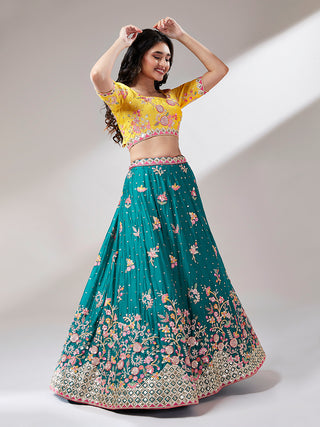 Teal Pure Georgette Sequinse Work Semi-Stitched Lehenga & Unstitched Blouse with Dupatta Clothsvilla
