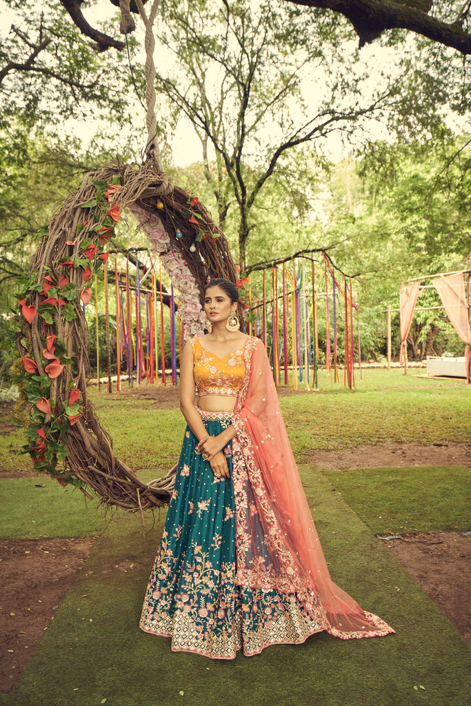 Teal Pure Georgette Sequinse Work Semi-Stitched Lehenga & Unstitched Blouse with Dupatta Clothsvilla