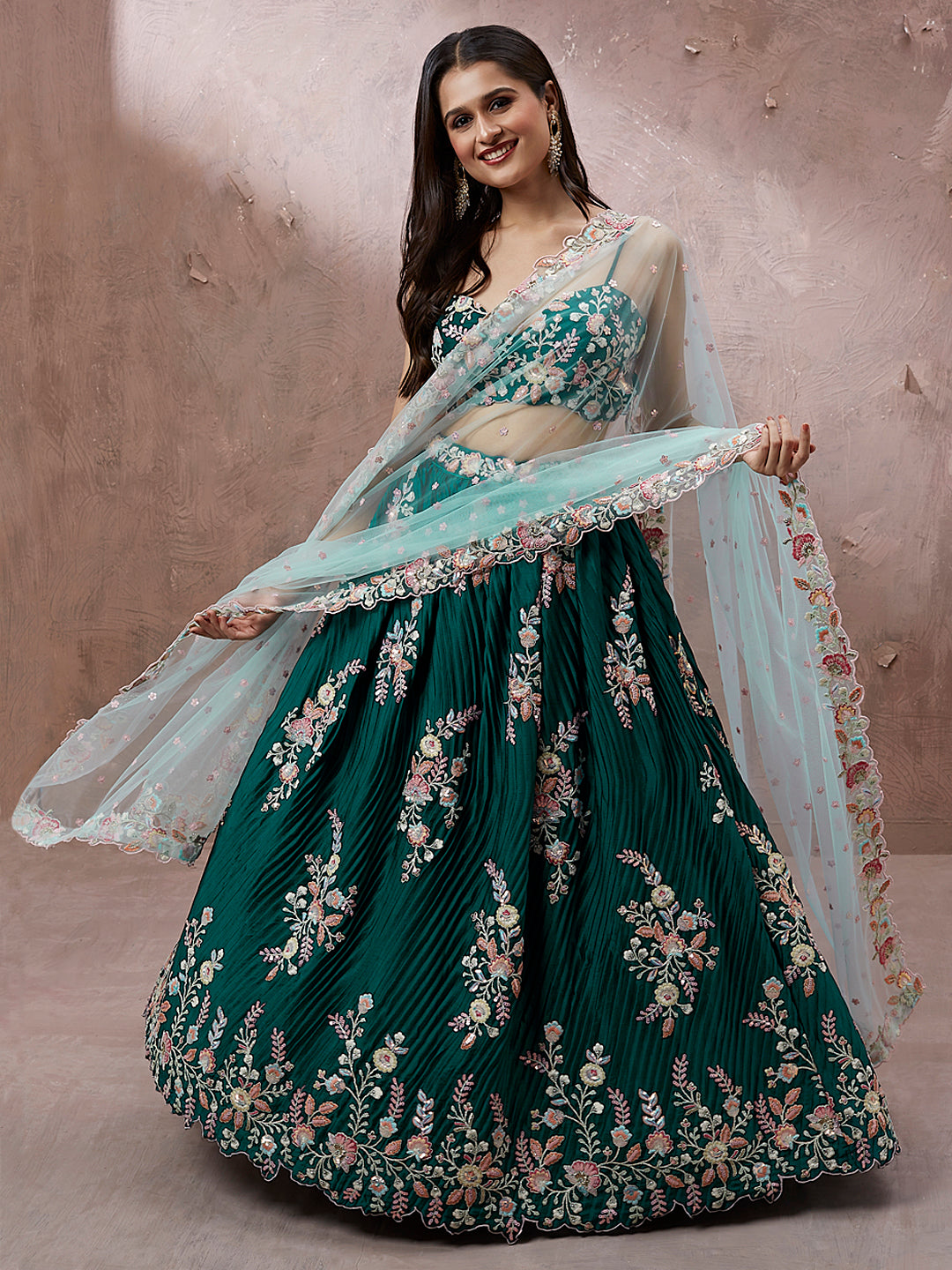 Teal - Pure Georgette Thread & Sequins Work Semi-Stitched Lehenga Clothsvilla