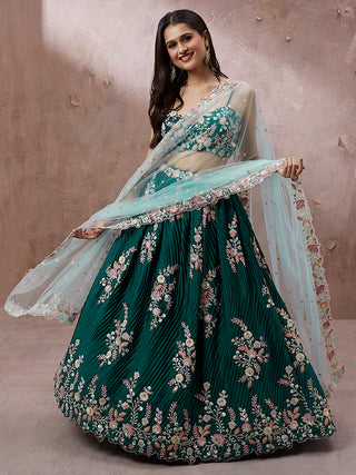Teal - Pure Georgette Thread & Sequins Work Semi-Stitched Lehenga Clothsvilla