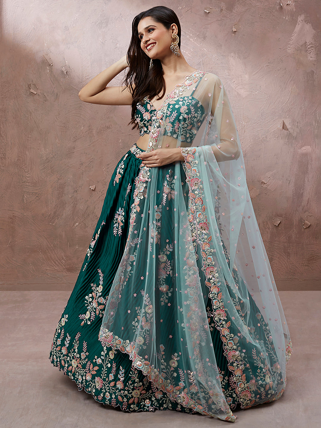 Teal - Pure Georgette Thread & Sequins Work Semi-Stitched Lehenga Clothsvilla