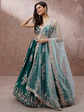 Load image into Gallery viewer, Teal - Pure Georgette Thread &amp; Sequins Work Semi-Stitched Lehenga Clothsvilla