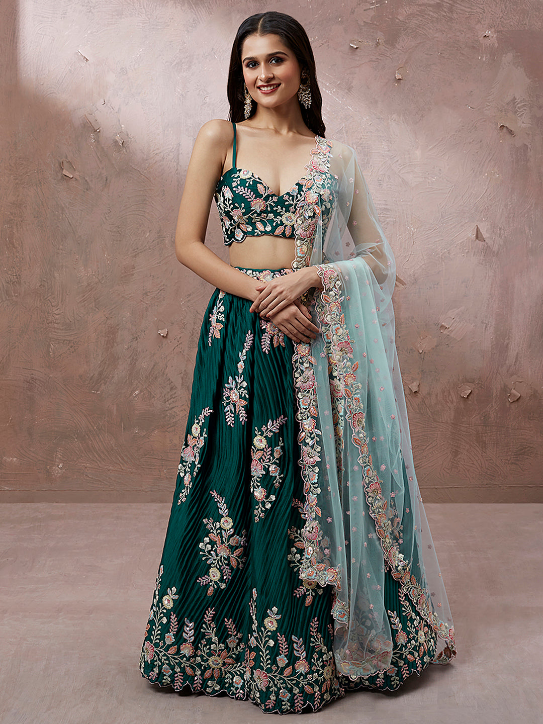 Teal - Pure Georgette Thread & Sequins Work Semi-Stitched Lehenga Clothsvilla