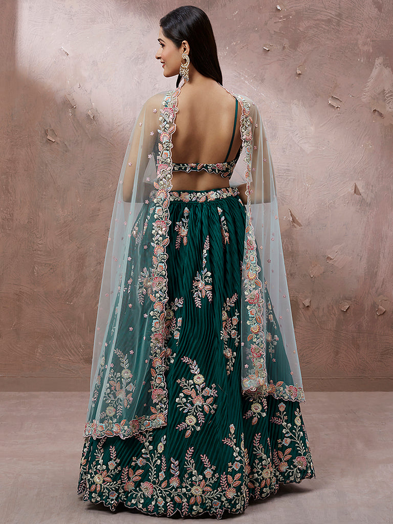 Teal - Pure Georgette Thread & Sequins Work Semi-Stitched Lehenga Clothsvilla