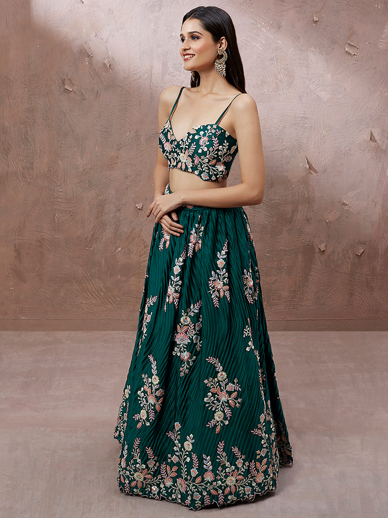 Teal - Pure Georgette Thread & Sequins Work Semi-Stitched Lehenga Clothsvilla