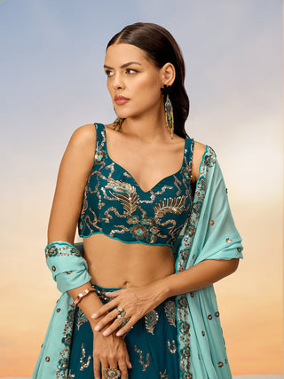 Teal Pure Georgette with heavy Sequins embroidery Semi-Stitched Lehenga choli & Dupatta ClothsVilla.com