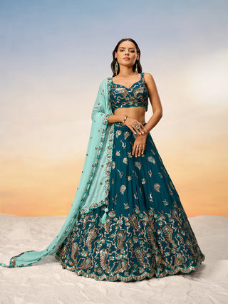 Teal Pure Georgette with heavy Sequins embroidery Semi-Stitched Lehenga choli & Dupatta ClothsVilla.com
