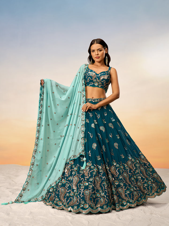 Teal Pure Georgette with heavy Sequins embroidery Semi-Stitched Lehenga choli & Dupatta ClothsVilla.com