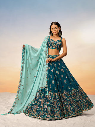 Teal Pure Georgette with heavy Sequins embroidery Semi-Stitched Lehenga choli & Dupatta ClothsVilla.com