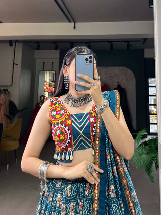 Teal Pure Rayon Chaniya Choli with Printed Foil & Gamthi Patchwork ClothsVilla