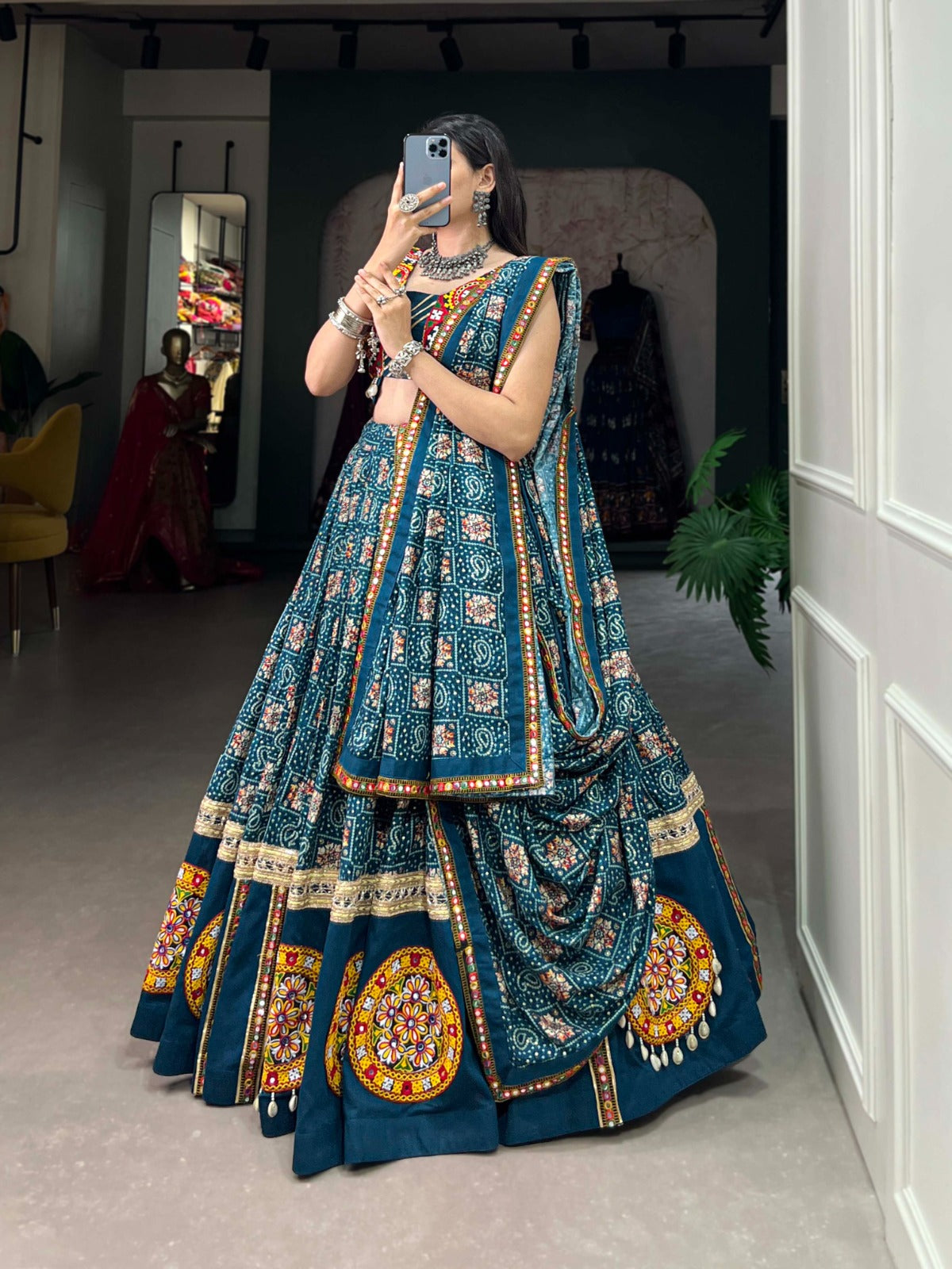 Teal Pure Rayon Chaniya Choli with Printed Foil & Gamthi Patchwork ClothsVilla
