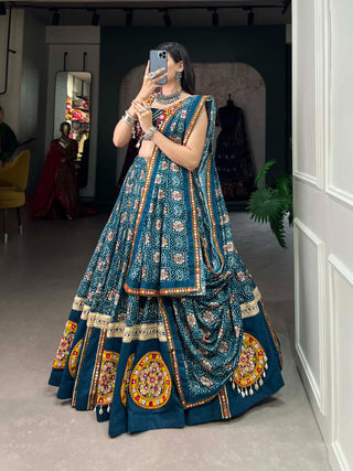 Teal Pure Rayon Chaniya Choli with Printed Foil & Gamthi Patchwork ClothsVilla