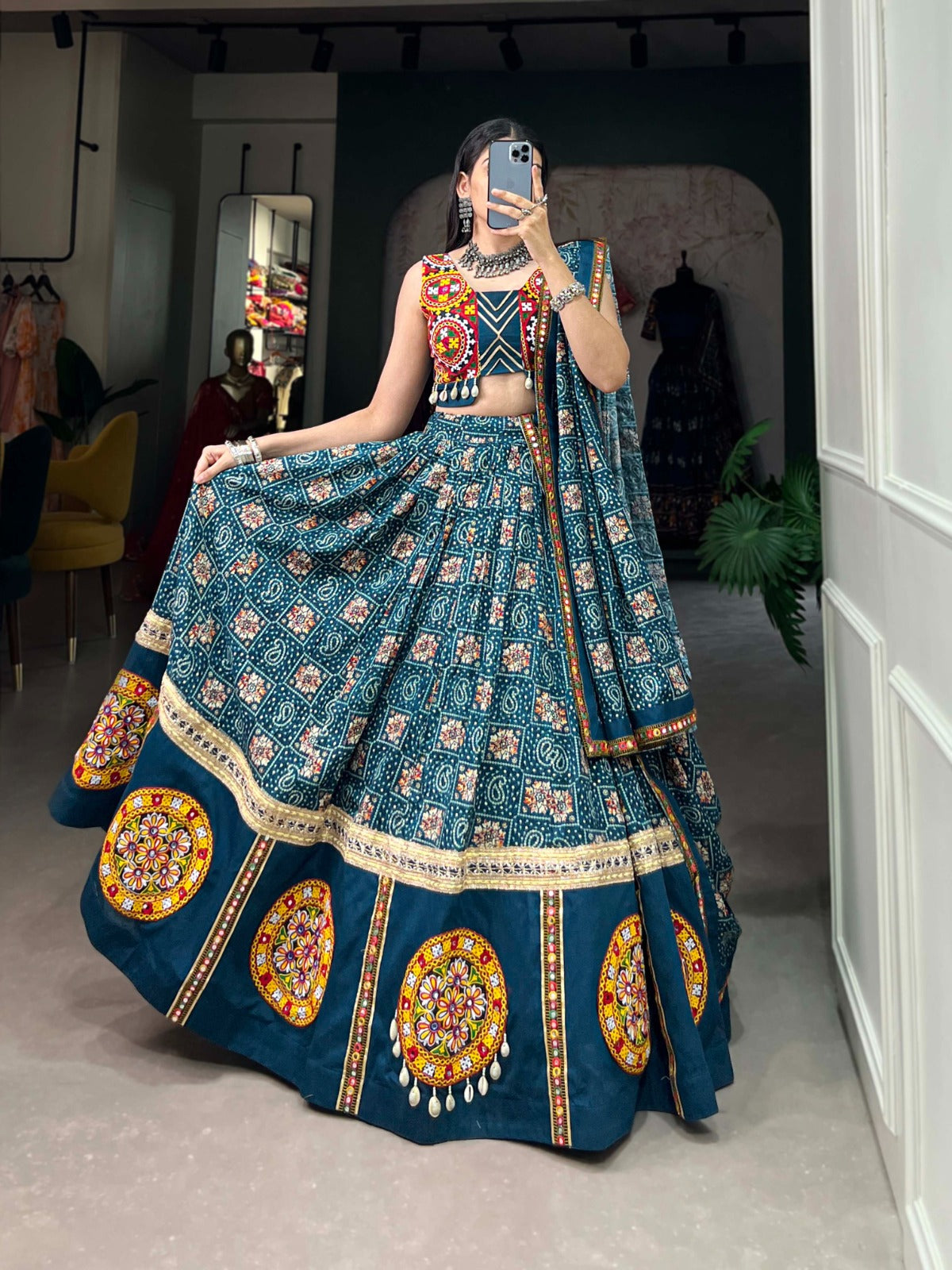 Teal Pure Rayon Chaniya Choli with Printed Foil & Gamthi Patchwork ClothsVilla