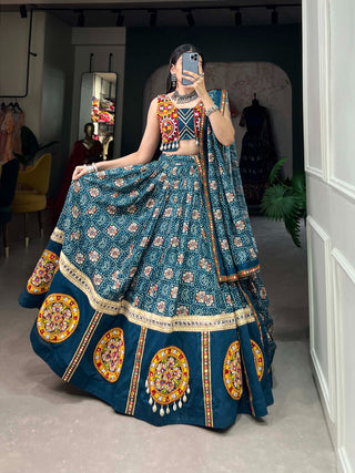 Teal Pure Rayon Chaniya Choli with Printed Foil & Gamthi Patchwork ClothsVilla