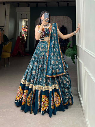 Teal Pure Rayon Chaniya Choli with Printed Foil & Gamthi Patchwork ClothsVilla