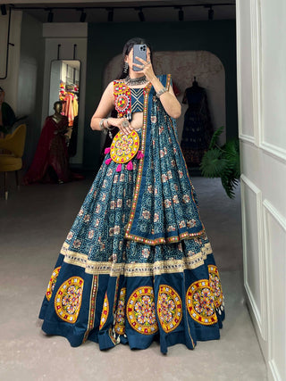 Teal Pure Rayon Chaniya Choli with Printed Foil & Gamthi Patchwork ClothsVilla