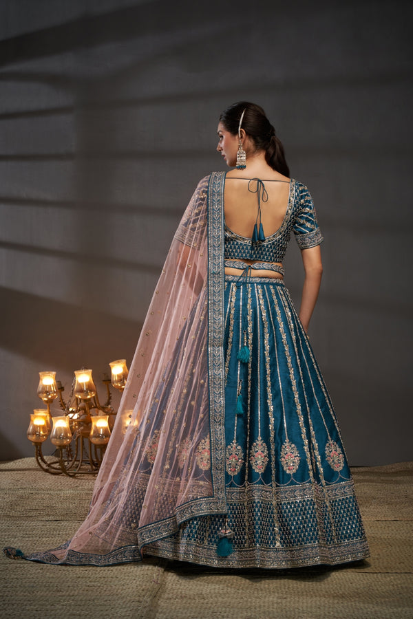 Teal Pure Silk Bridal Lehenga Choli Dupatta Set with Moti, Zarkan & Heavy Sequin Embroidery ClothsVilla.com