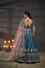 Load image into Gallery viewer, Teal Pure Silk Bridal Lehenga Choli Dupatta Set with Moti, Zarkan &amp; Heavy Sequin Embroidery ClothsVilla.com