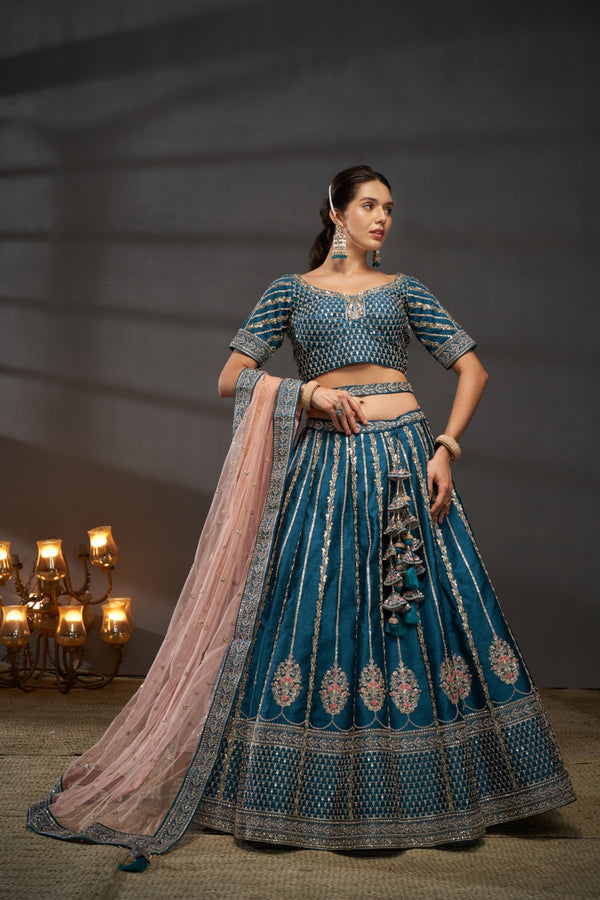Teal Pure Silk Bridal Lehenga Choli Dupatta Set with Moti, Zarkan & Heavy Sequin Embroidery ClothsVilla.com