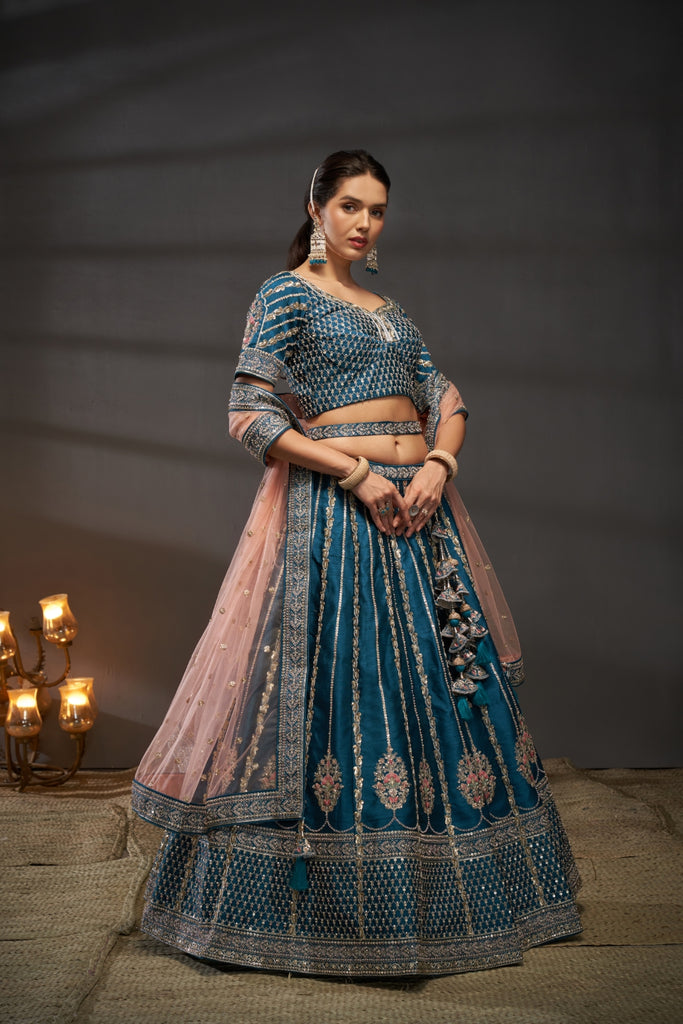 Teal Pure Silk Bridal Lehenga Choli Dupatta Set with Moti, Zarkan & Heavy Sequin Embroidery ClothsVilla.com