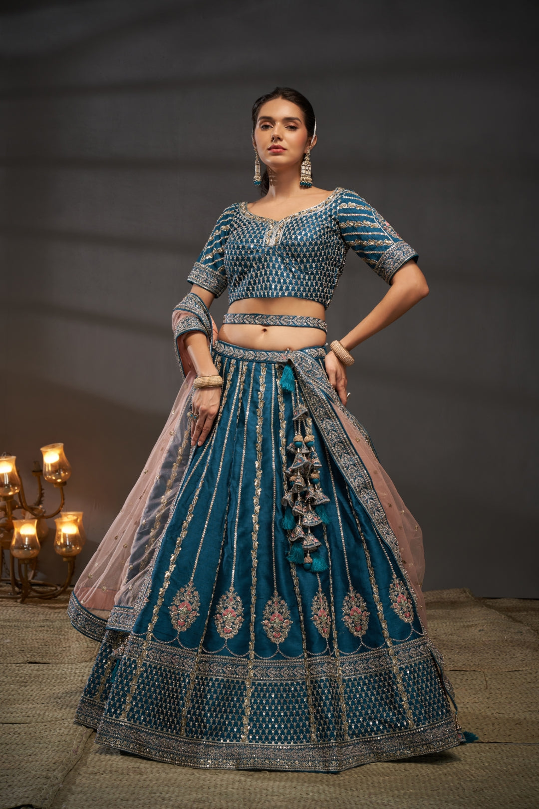 Teal Pure Silk Bridal Lehenga Choli Dupatta Set with Moti, Zarkan & Heavy Sequin Embroidery ClothsVilla.com