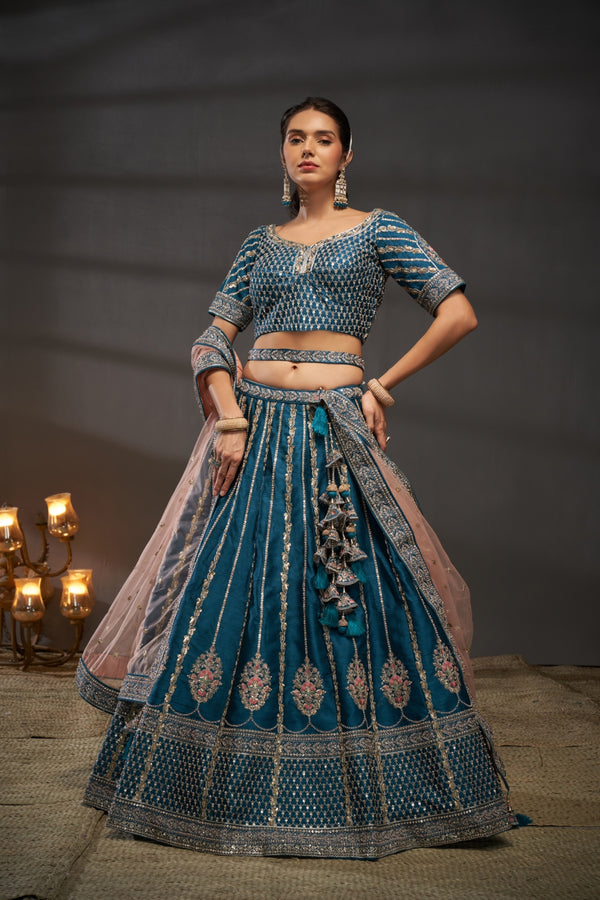 Teal Pure Silk Bridal Lehenga Choli Dupatta Set with Moti, Zarkan & Heavy Sequin Embroidery ClothsVilla.com