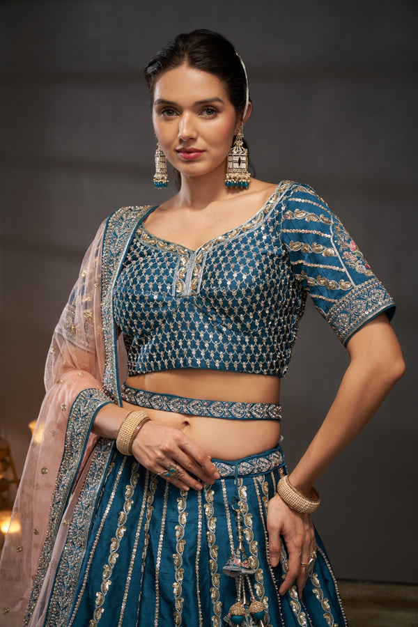 Teal Pure Silk Bridal Lehenga Choli Dupatta Set with Moti, Zarkan & Heavy Sequin Embroidery ClothsVilla.com