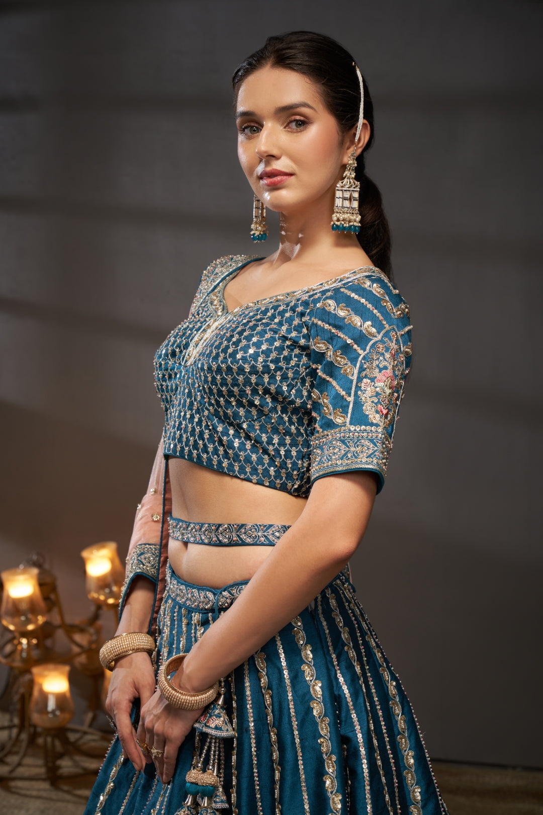 Teal Pure Silk Bridal Lehenga Choli Dupatta Set with Moti, Zarkan & Heavy Sequin Embroidery ClothsVilla.com