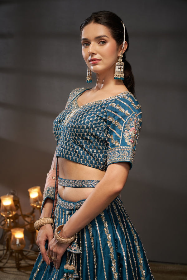 Teal Pure Silk Bridal Lehenga Choli Dupatta Set with Moti, Zarkan & Heavy Sequin Embroidery ClothsVilla.com