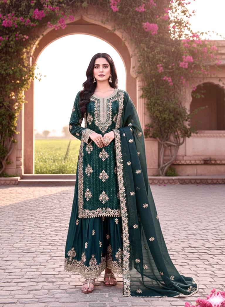 Teal Pure Silk Heavy Embroidered Kurta Palazzo Set with Dupatta ClothsVilla