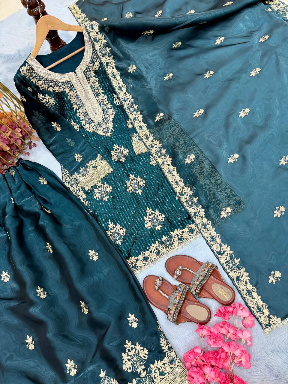 Teal Pure Silk Heavy Embroidered Kurta Palazzo Set with Dupatta ClothsVilla