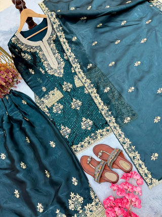 Teal Pure Silk Heavy Embroidered Kurta Palazzo Set with Dupatta ClothsVilla
