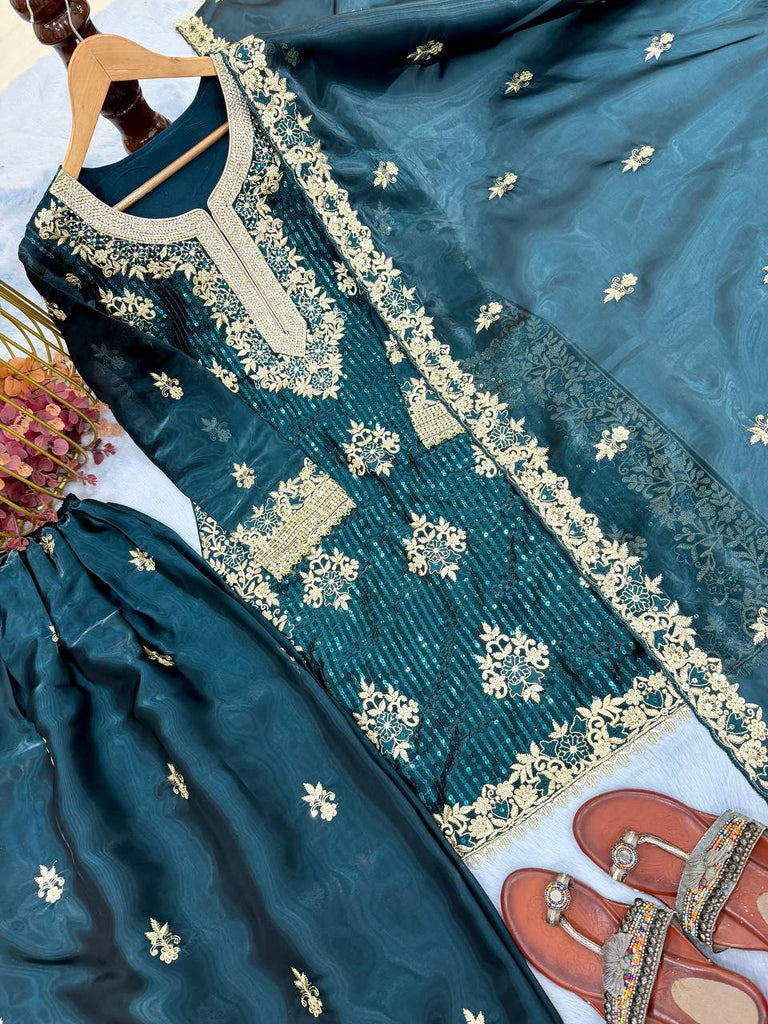 Teal Pure Silk Heavy Embroidered Kurta Palazzo Set with Dupatta ClothsVilla