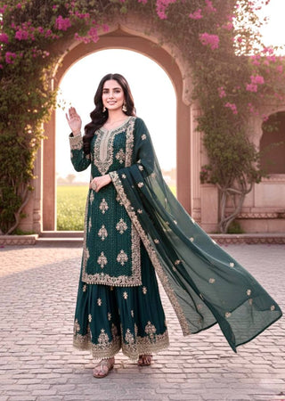 Teal Pure Silk Heavy Embroidered Kurta Palazzo Set with Dupatta ClothsVilla