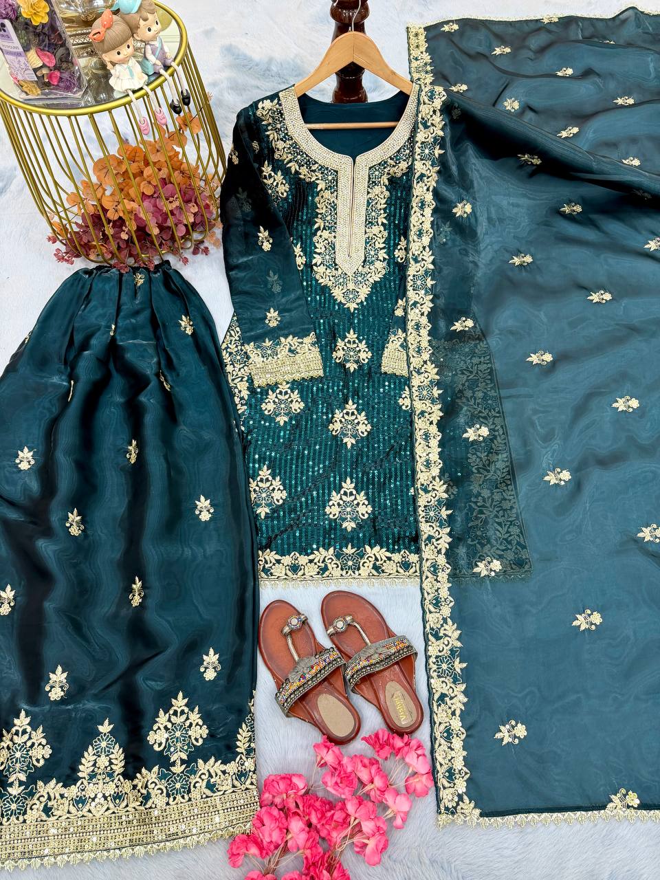 Teal Pure Silk Heavy Embroidered Kurta Palazzo Set with Dupatta ClothsVilla