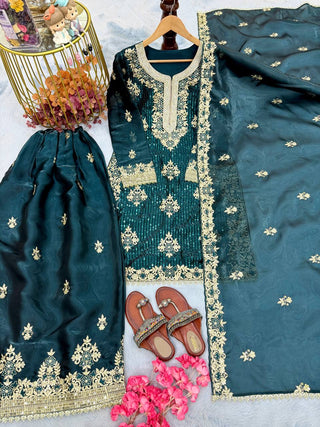 Teal Pure Silk Heavy Embroidered Kurta Palazzo Set with Dupatta ClothsVilla