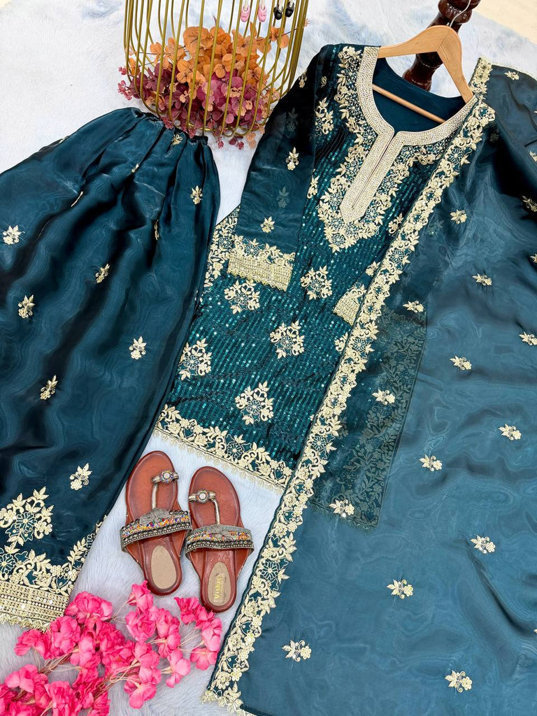 Teal Pure Silk Heavy Embroidered Kurta Palazzo Set with Dupatta ClothsVilla