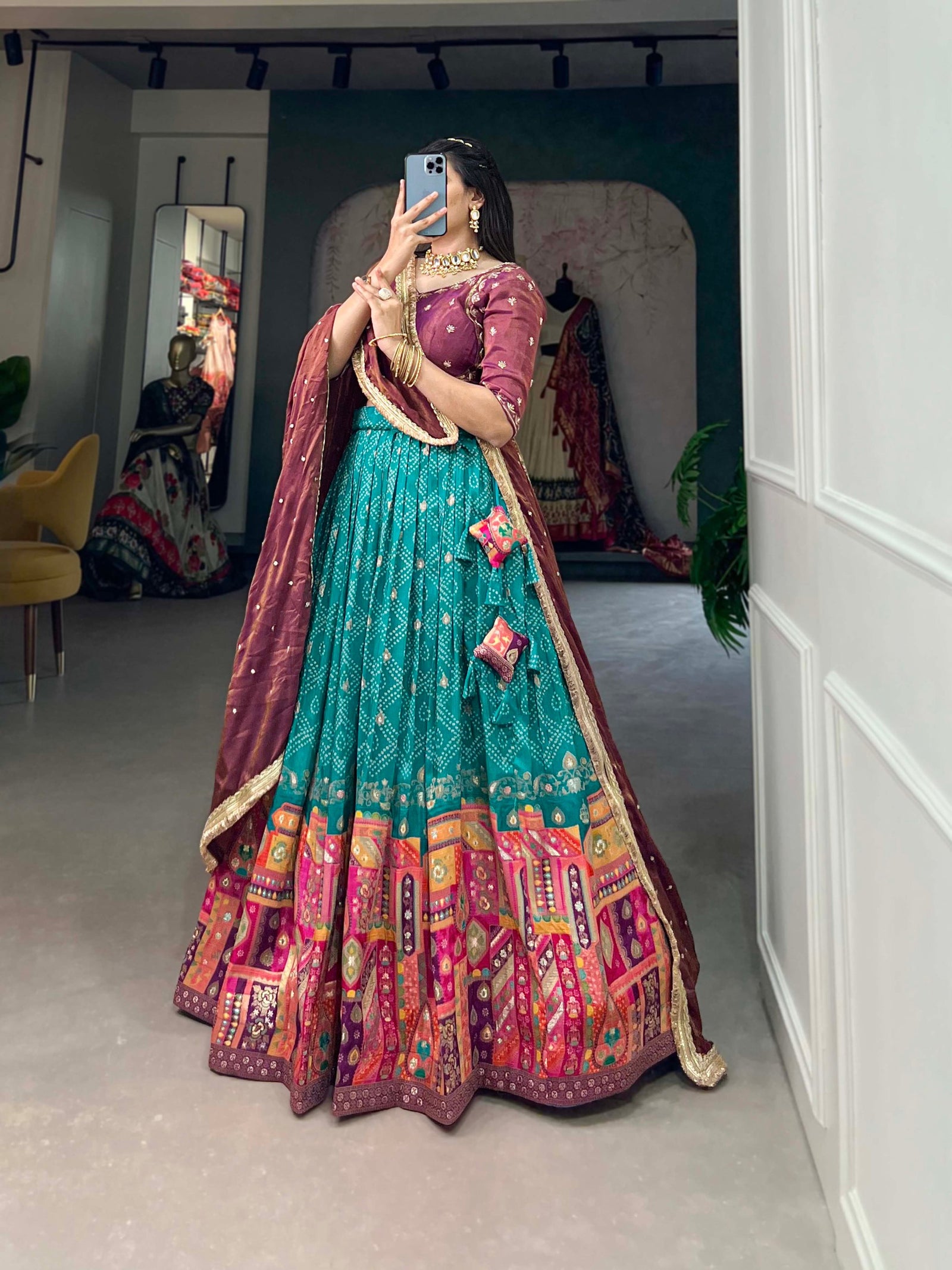 Teal Pure Viscose Jacquard Lehenga Choli with Zardosi Work ClothsVilla