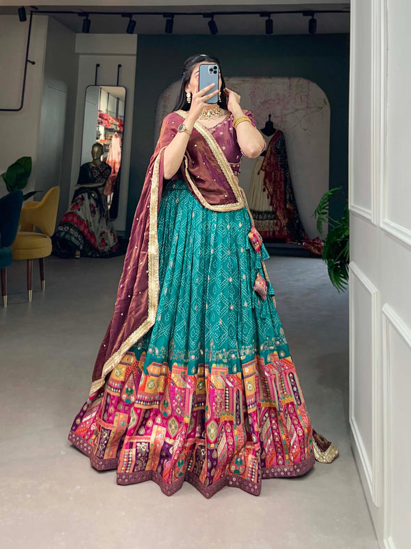 Teal Pure Viscose Jacquard Lehenga Choli with Zardosi Work ClothsVilla