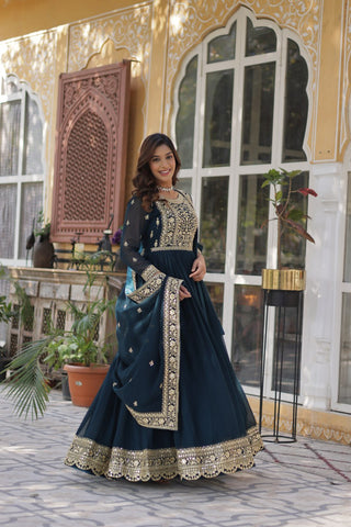 Teal Purple Premium Faux Blooming Embroidered Gown Set with Designer Dupatta ClothsVilla